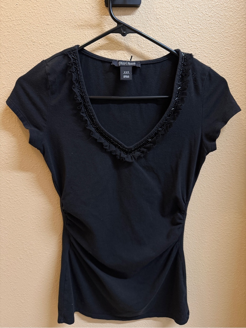 White House Black Market Black Ruffle & Bead V-Neck Tee